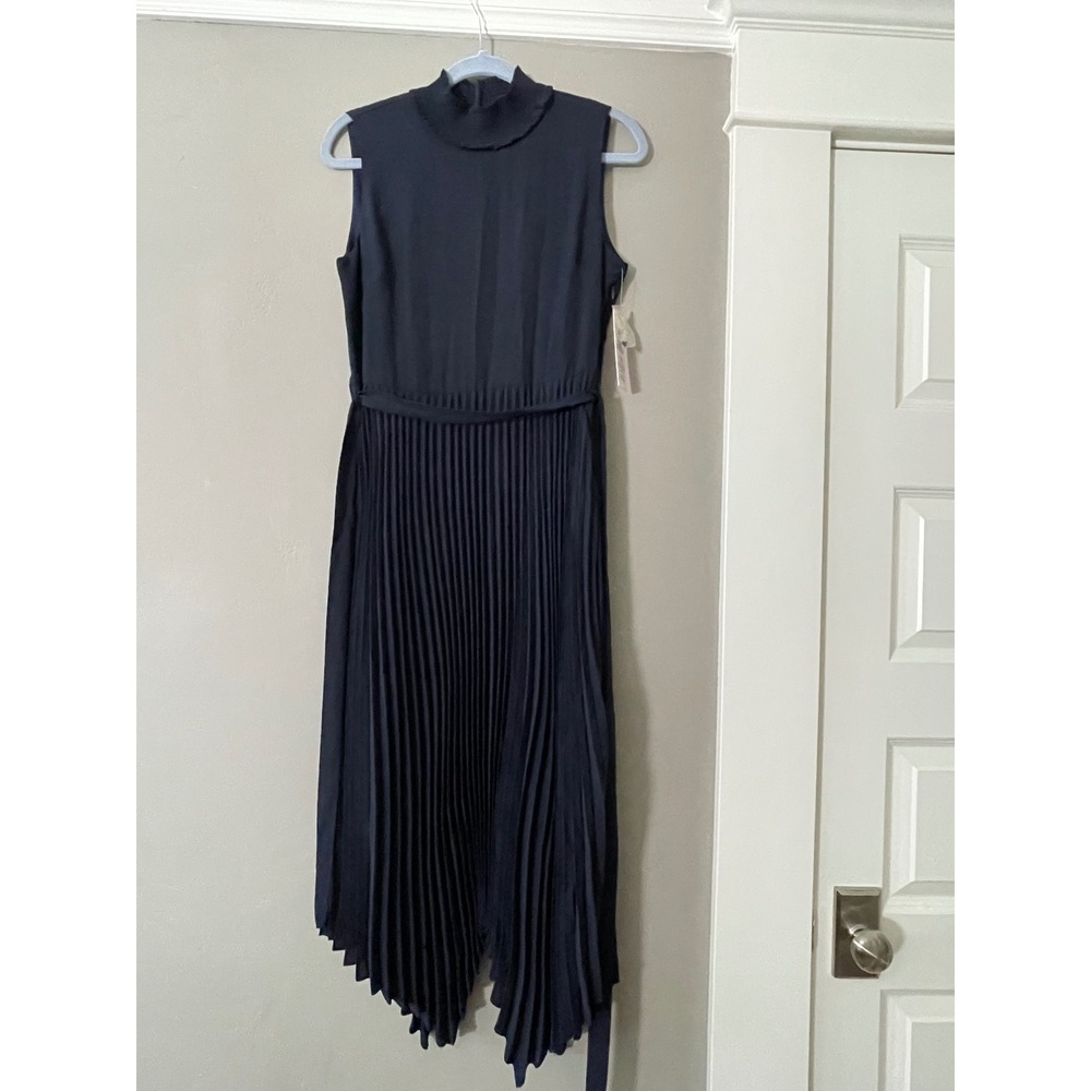 Nanette Lepore Nanette Navy Pleated Sharkbite Midi Dress Size 8